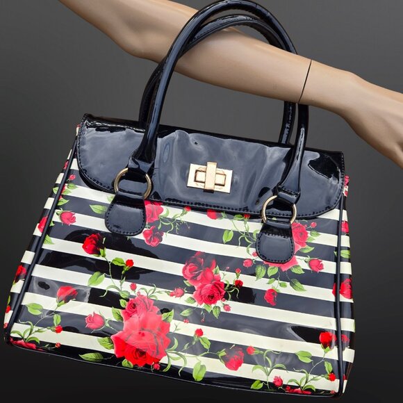 Y2K Glossy Top Handle Shoulder Bag Black White Striped Red Rose Floral Emo Goth - Picture 1 of 14